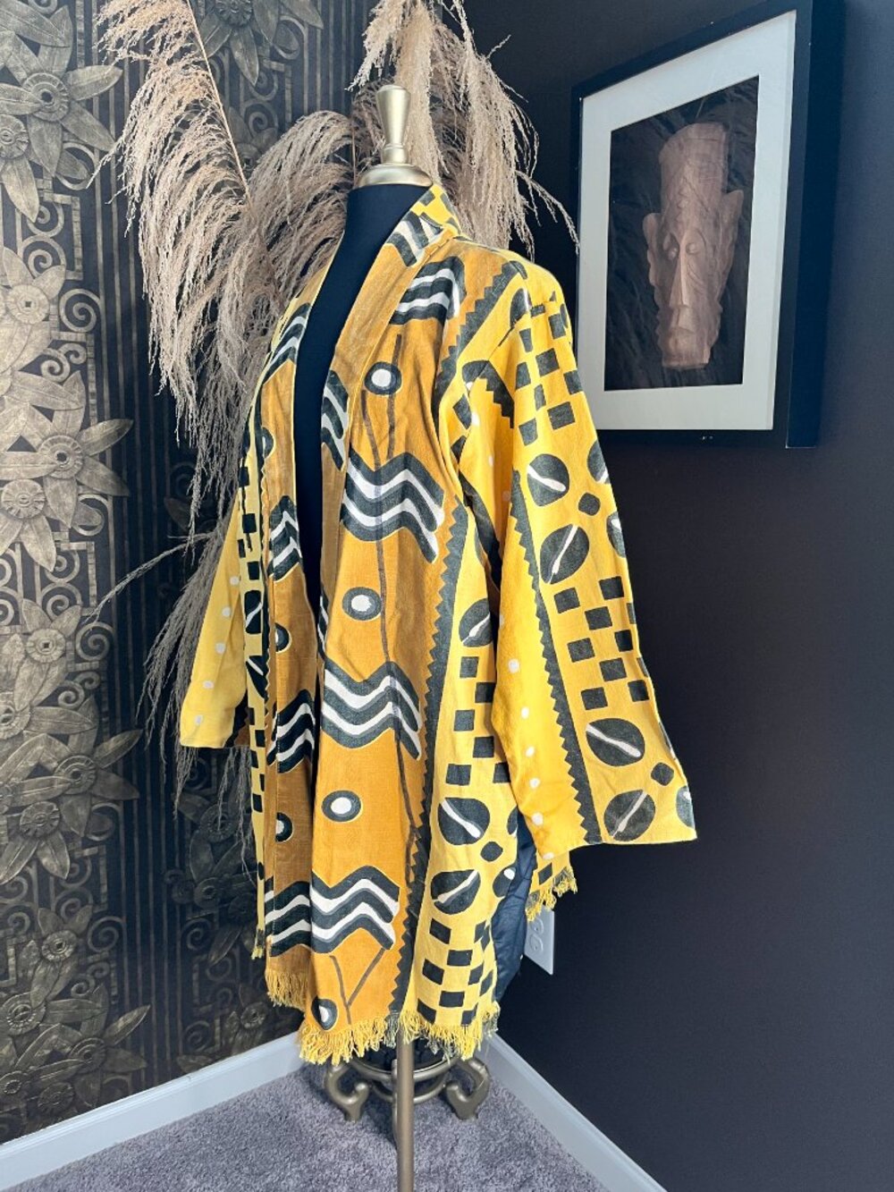 yellow and black geometric patterned African mud cloth kimono jacket - Picture 4 of 6